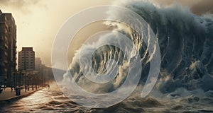 Apocalyptic dramatic background - giant tsunami waves crashing small coastal town