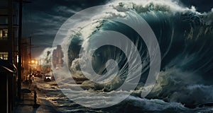 Apocalyptic dramatic background - giant tsunami waves crashing small coastal town