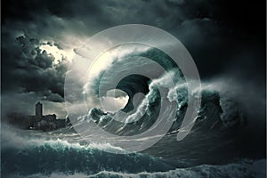 Apocalyptic dramatic background giant tsunami waves, creative digital illustration