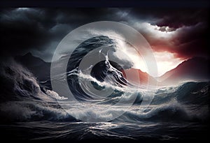Apocalyptic dramatic background, giant tsunami waves, dark stormy sky