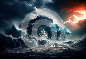 Apocalyptic dramatic background, giant tsunami waves, dark stormy sky.