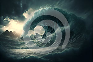 Apocalyptic dramatic background giant tsunami waves, digital illustration artwork
