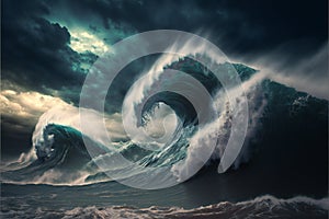 Apocalyptic dramatic background giant tsunami waves, digital illustration painting artwork