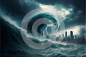 Apocalyptic dramatic giant tsunami waves, nature, sea & ocean