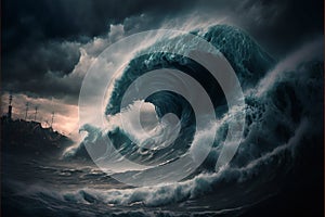 Apocalyptic dramatic giant tsunami waves, nature, sea & ocean