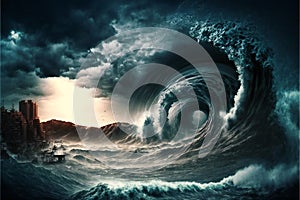 Apocalyptic dramatic giant tsunami waves, nature, sea & ocean