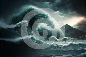 Apocalyptic dramatic giant tsunami waves, nature, sea & ocean