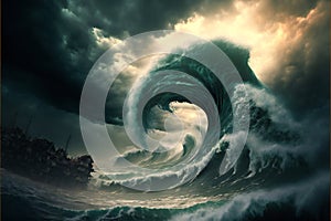 Apocalyptic dramatic giant tsunami waves, nature, sea & ocean