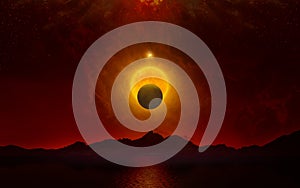 Apocalyptic dramatic image, doomsday event concept. Glowing full moon and planet Nibiru in dark red sky above black mountains and