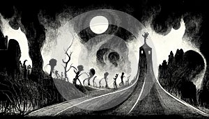 Apocalyptic highway to hell. Life after death religious concept illustration