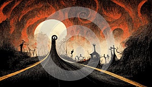 Apocalyptic highway to hell. Life after death religious concept illustration