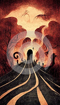 Apocalyptic highway to hell. Life after death religious concept illustration