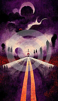 Apocalyptic highway to hell. Life after death religious concept illustration