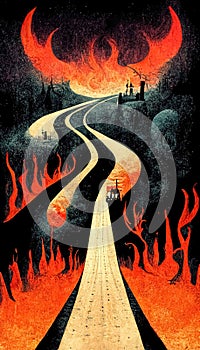 Apocalyptic highway to hell. Life after death religious concept illustration