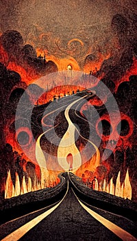 Apocalyptic highway to hell. Life after death religious concept illustration