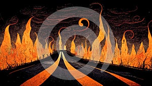 Apocalyptic highway to hell. Life after death religious concept illustration