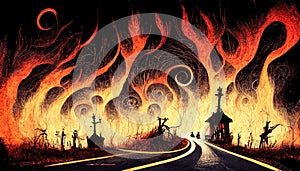 Apocalyptic highway to hell. Life after death religious concept illustration