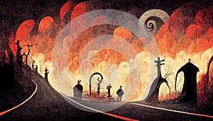 Apocalyptic highway to hell. Life after death religious concept illustration