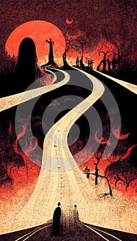 Apocalyptic highway to hell. Life after death religious concept illustration