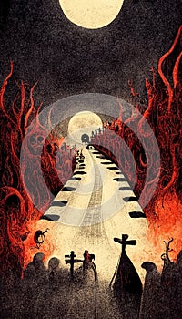 Apocalyptic highway to hell. Life after death religious concept illustration