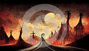 Apocalyptic highway to hell. Life after death religious concept illustration