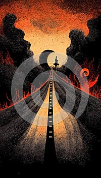 Apocalyptic highway to hell. Life after death religious concept illustration