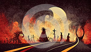 Apocalyptic highway to hell. Life after death religious concept illustration