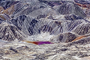 Apocalyptic landscape like planet Mars surface. Fantastic view of crimson red lake. Solidified brown Earth surface. Barren,