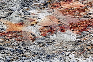 Apocalyptic landscape like a planet Mars surface. Solidified red-brown black Earth surface. Barren, cracked and scorched land.