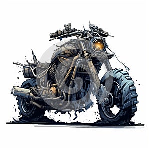 Apocalyptic Motorcycle: Detailed Character Illustration With Gouges And Scratches