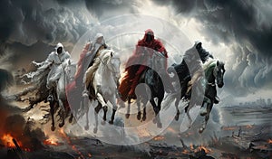 Apocalyptic quartet: 4 horsemen of the apocalypse - the mythical figures symbolizing conquest, war, famine, and death