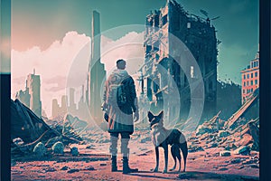 Apocalyptic ruined cityscape scenery with a man and a dog standing, digital art style, cartoonish style