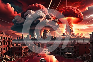 Apocalyptic Scene Depicting the End of the World - Mushroom Clouds Rising from a Global Nuclear War