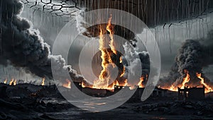 Apocalyptic Scene with Fire Raining from Broken Sky