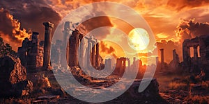 Apocalyptic Sunset Ruins and Dramatic Sky Artwork