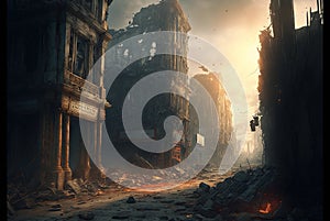 Apocalyptic view of destroyed city buildings, post apocalypse after world war, generative AI