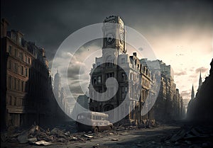 Apocalyptic view of destroyed city buildings, post apocalypse after world war, generative AI