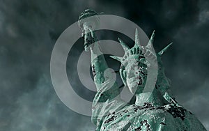 Apocalyptic view. Old Statue of liberty in Storm. 3d render