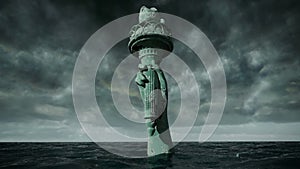 Apocalyptic water view. Old Statue of liberty in Storm. 3d animation