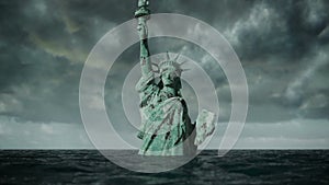 Apocalyptic water view. Old Statue of liberty in Storm. 3d animation