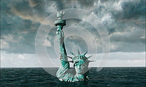 Apocalyptic water view. Old Statue of liberty in Storm. 3d render