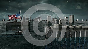 Apocalyptic water view. urban flood, America USA flag. Storm. 3d render