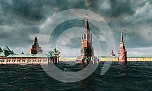 Apocalyptic water view. urban flood, Russian red square. Storm. 3d render