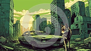 Apocalyptic Wolf: Neo-pop Illustration Of A Wolf In A Post-apocalyptic City