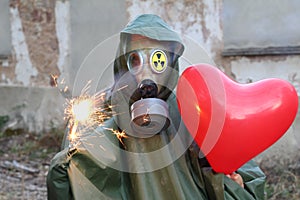 Apocalyptical image with mysterious person holding heart ballon