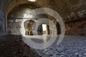 Apodyterium or the changing room at Central Thermae, Herculaneum, a Roman town, destroyed by the eruption of Mount Vesuvius