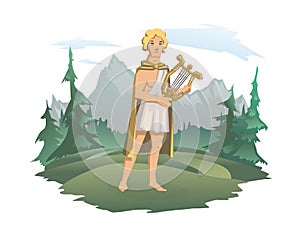 Apollo, ancient Greek god of archery, music, poetry and the sun with lyre. Ancient Greece mythology. Forest and mountain