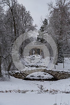 Apollo colonnade in Pavlovsk park winter day. Saint-Petersburg, Russia