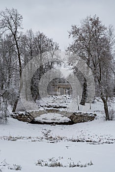 Apollo colonnade in Pavlovsk park winter day. Saint-Petersburg, Russia