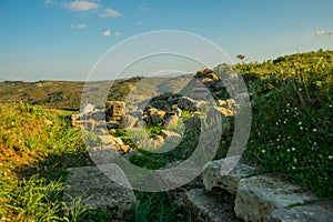 APOLLONIA, ALBANIA: View of the Ancient City of Apollonia and the ancient ruins and stones.